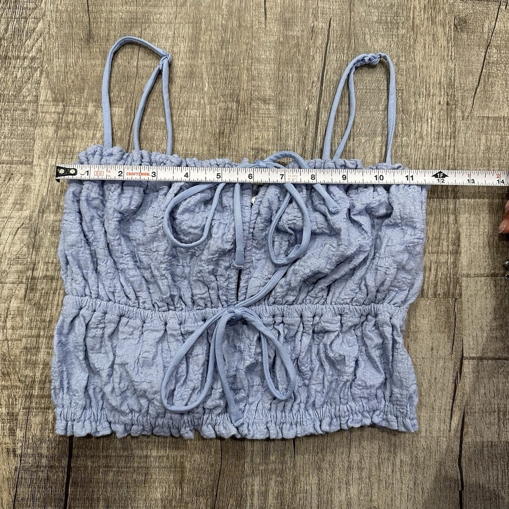 Garage Women's Crop Top P/S Blue Crunch Knit Tie Front Cami Smocked NWT - Picture 2 of 7